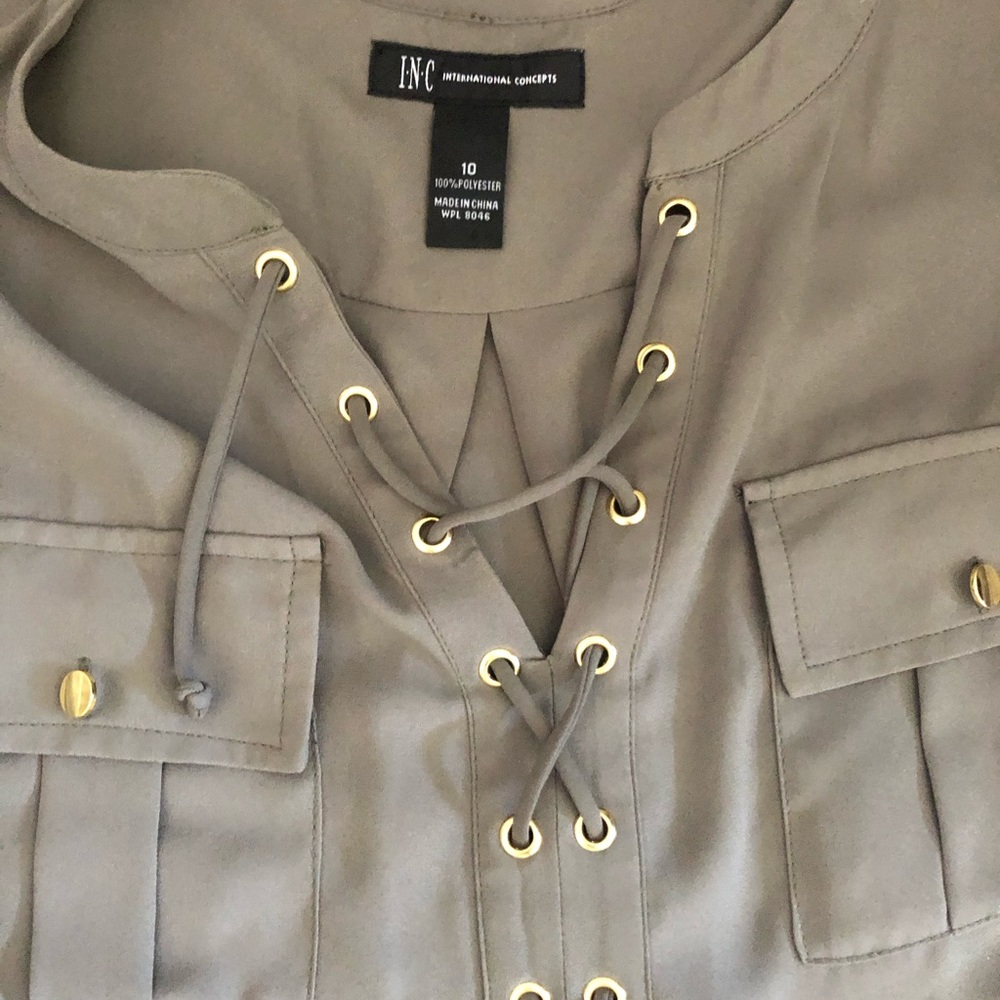 INC olive and gold detail blouse.